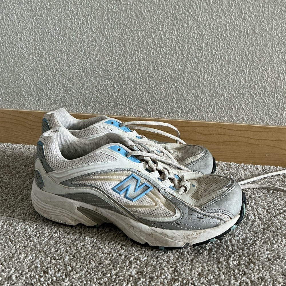 New Balance White and Light Blue Running Shoes